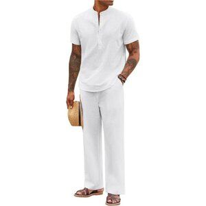 Henley Shirt & Linen Pants Set 2-Piece White Men Summer